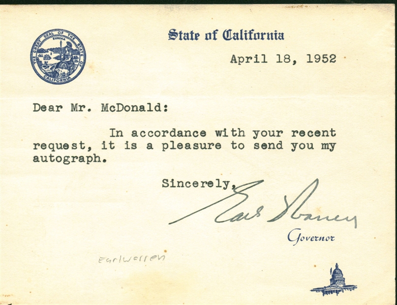 Earl Warren Vintage Signed 1952 State of California Typed Note (Beckett/BAS Guaranteed)