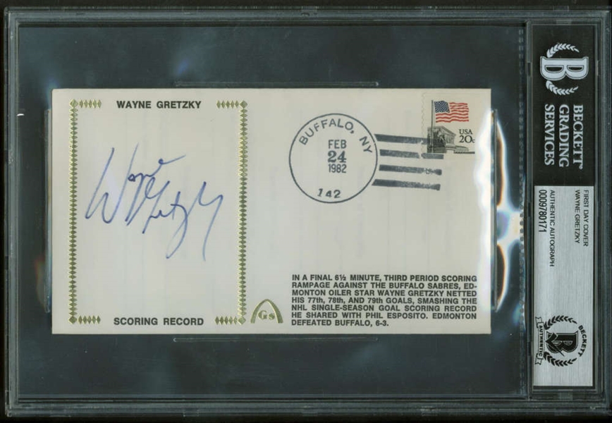 Wayne Gretzky Signed Scoring Record 1982 First Day Cover (Beckett/BAS Encapsulated)