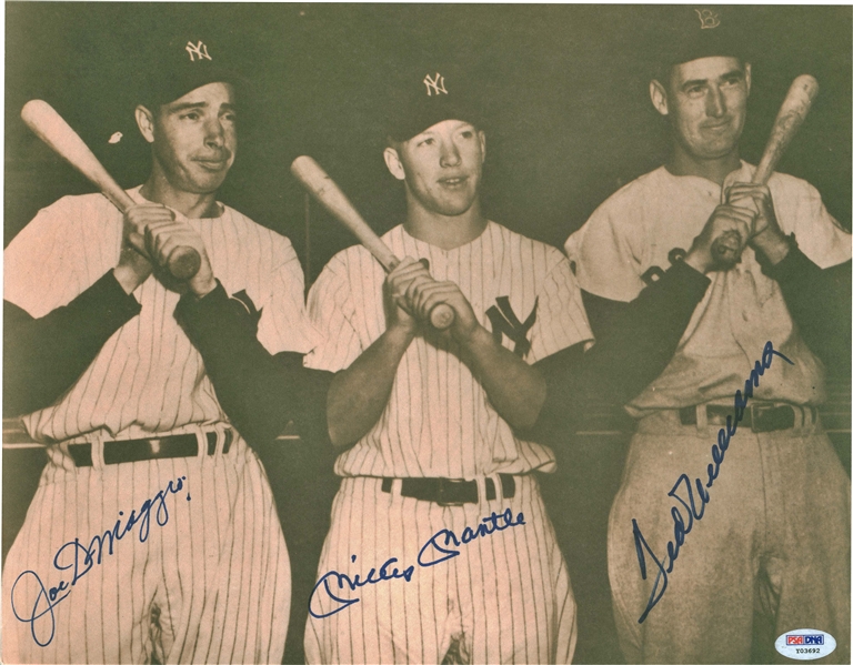 Mickey Mantle, Ted Williams & Joe DiMaggio Signed 11" x 14" B&W Photograph (PSA/DNA)