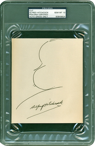 Alfred Hitchcock Hand Drawn & Signed 5" x 6" Self Portrait Sketch PSA/DNA Graded GEM MINT 10!