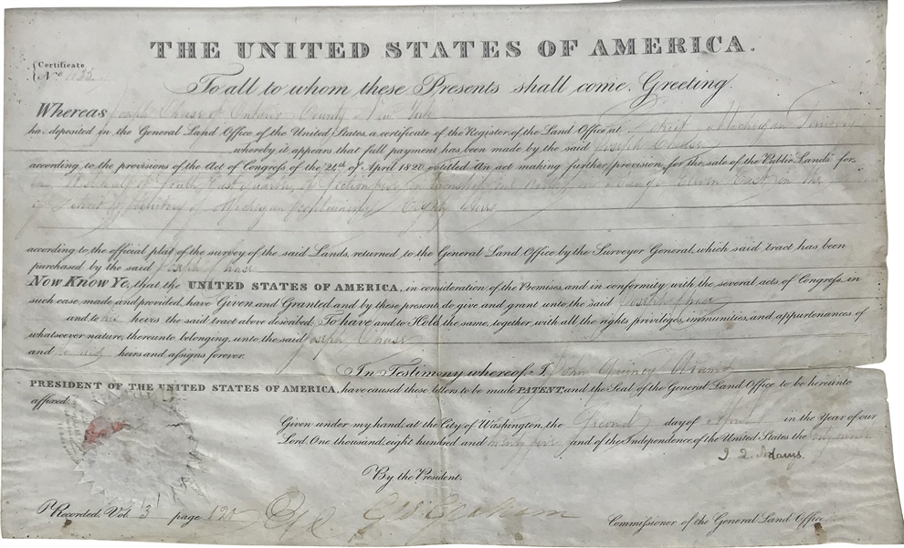 John Quincy Adams Signed 1825 Land Grant (Beckett/BAS)