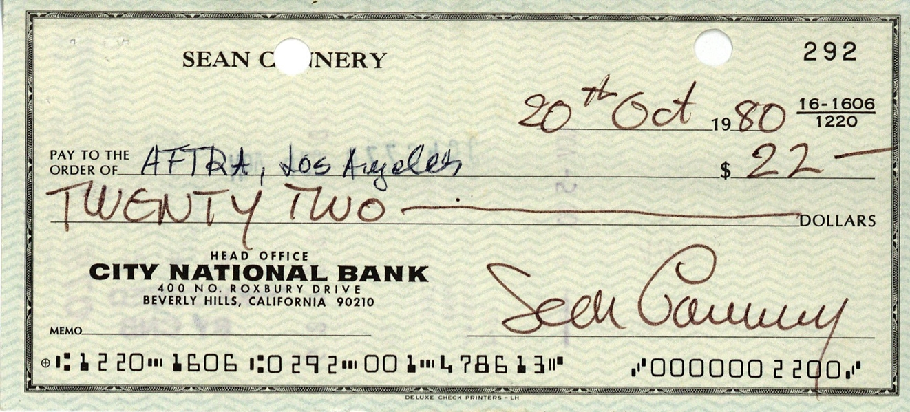 James Bond: Sean Connery Vintage Signed & Handwritten 1980 Bank Check (Beckett/BAS)