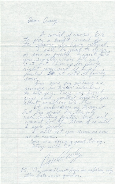 David Crosby Hand Written & Signed Letter From Texas Jail w/ Concert Content! (PSA/DNA)