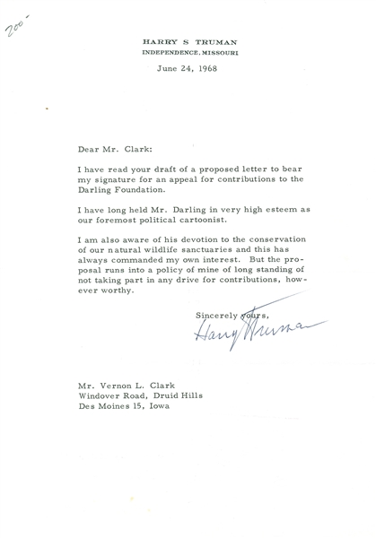 Harry Truman Signed 7.5" x 9" 1968 Personal Letter (Beckett/BAS)