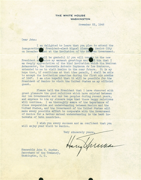 President Harry S. Truman Signed 1946 White House Letter w/ Mexico Content! (Beckett/BAS)