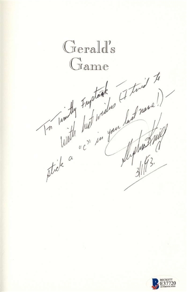 Stephen King Signed "Geralds Game" Hardcover Book (Beckett/BAS)