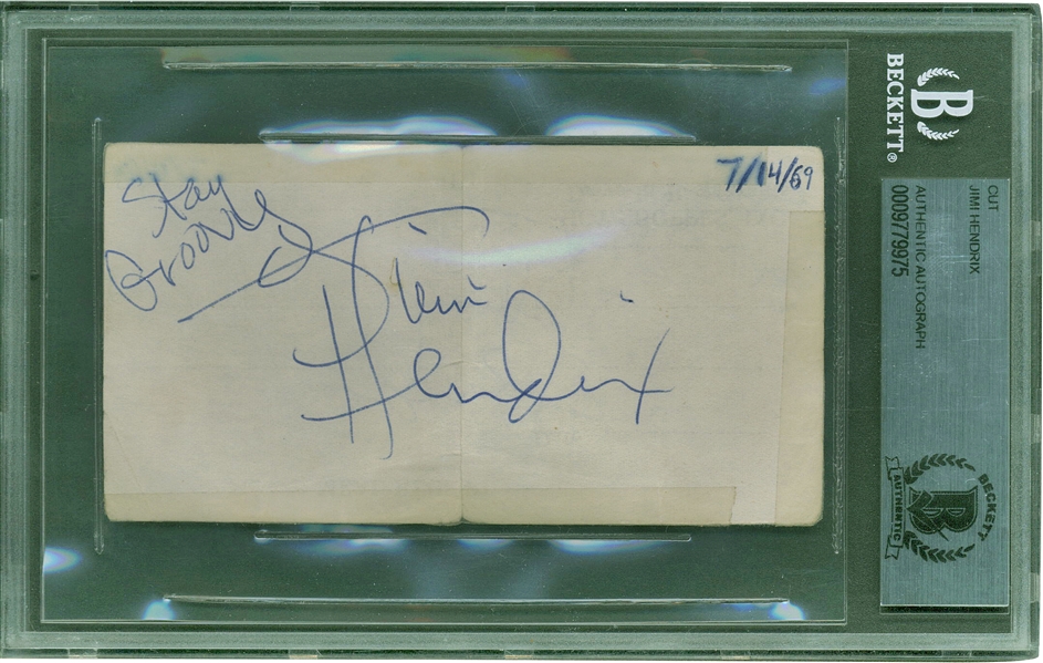 Jimi Hendrix Signed & "Stay Groovy" Inscribed 2" x 4" Album Page One Month Prior To Woodstock! (Beckett/BAS Encapsulated)