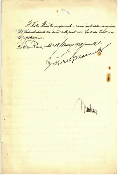 Benito Mussolini and Vittorio Emanuele III Dual Signed 1928 Document (Beckett/BAS)