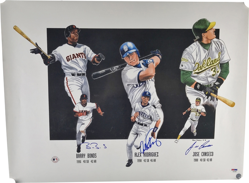 Barry Bonds, Alex Rodriguez & Jose Canseco Signed 40-40 Club 24" x 18" Lithograph (PSA/DNA )