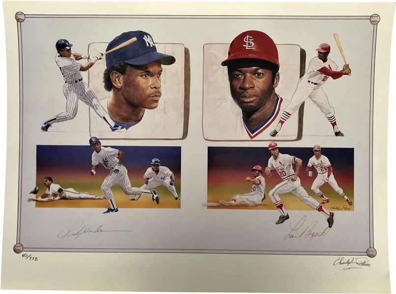 Lou Brock & Rickey Henderson Signed 24" x 18" LE Lithograph (Beckett/BAS Guaranteed)