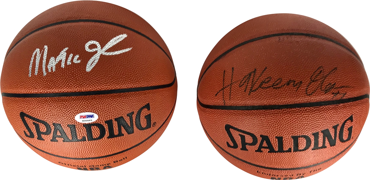 Magic Johnson & Hakeem Olajuwon Single Signed Lot of Two (2) Basketballs (PSA/DNA)