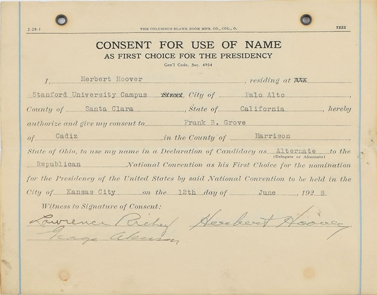 Herbert Hoover Ultra-Rare Signed 1928 Official Presidential Candidate Declaration Document (Beckett/BAS Guaranteed)