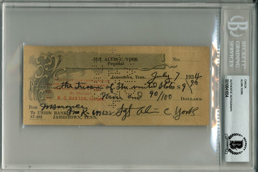 WWI: Sgt. Alvin York Handwritten & Signed 1934 Bank Check (Beckett/BAS Encapsulated)