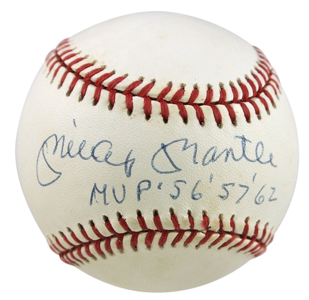 Mickey Mantle Signed OAL Baseball w/ ULTRA-RARE "MVP 56, 57, 62" Inscription (PSA/DNA)
