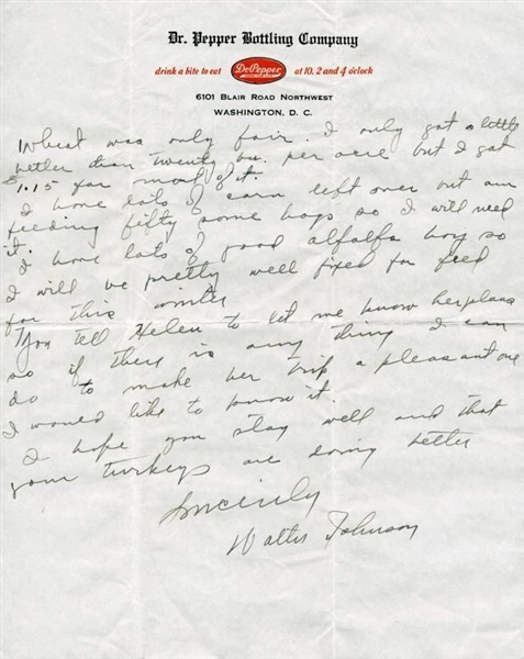 Walter Johnson Rare Handwritten & Signed 2-Page letter on Dr. Pepper Letterhead (PSA/DNA)