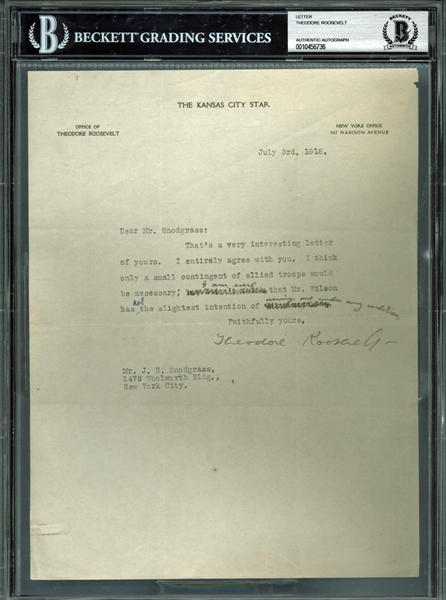 Theodore Roosevelt Typed & Signed 1918 Letter w/ WWI Content (BAS/Beckett Encapsulated)