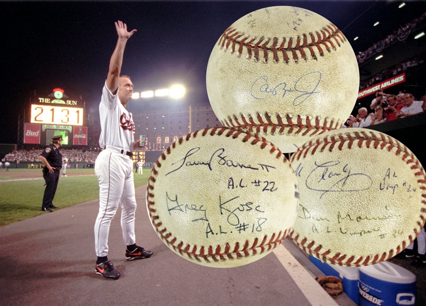 Incredible Cal Ripken Jr Game Used & Signed OAL Baseball From Record-Breaking 2,131 Consecutive Game - Also Signed by Four Umpires! (Beckett/BAS)