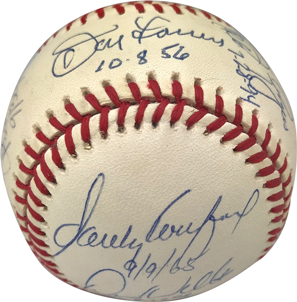 Perfect Game Pitchers Signed & Inscribed OAL Baseball w/ Koufax, Hunter & More! (JSA)