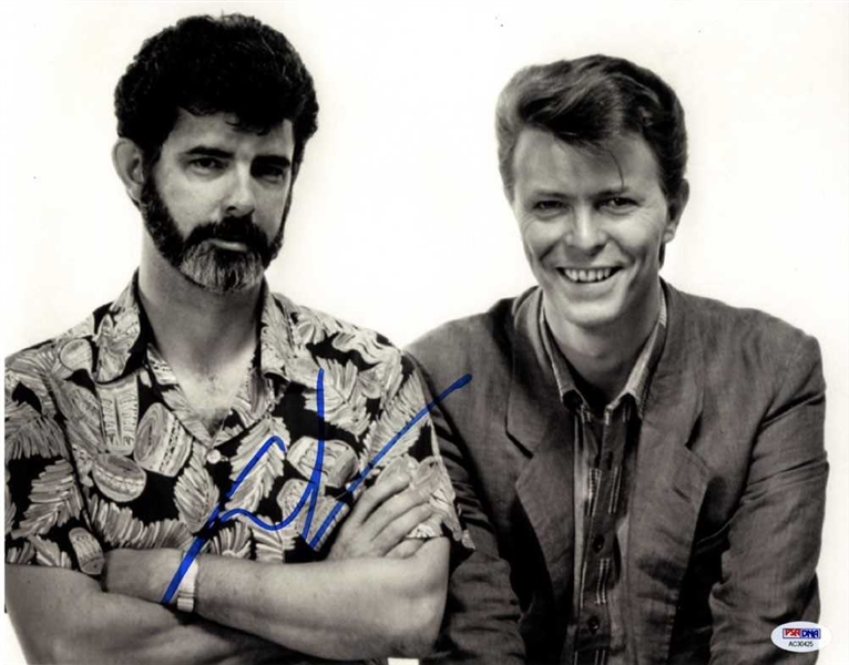 George Lucas Unique Signed 11" x 14" B&W Photo w/David Bowie (PSA/DNA)