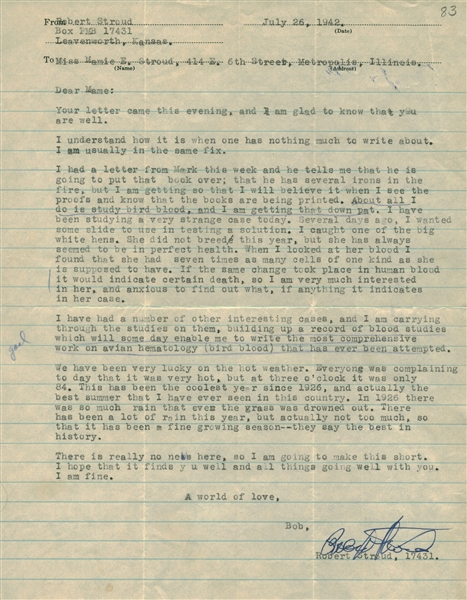 Robert Stroud "The Birdman of Alcatraz" Signed 1942 Typed Prison Letter (Beckett/BAS Guaranteed)