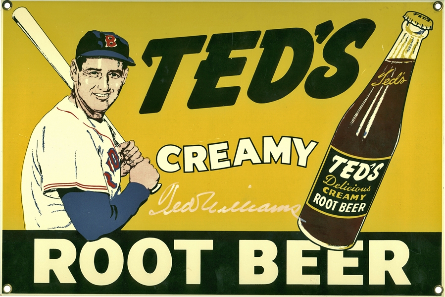 Ted Williams Signed 10" x 15" Teds Creamy Root Beer Tin Sign (Beckett/BAS Guaranteed)