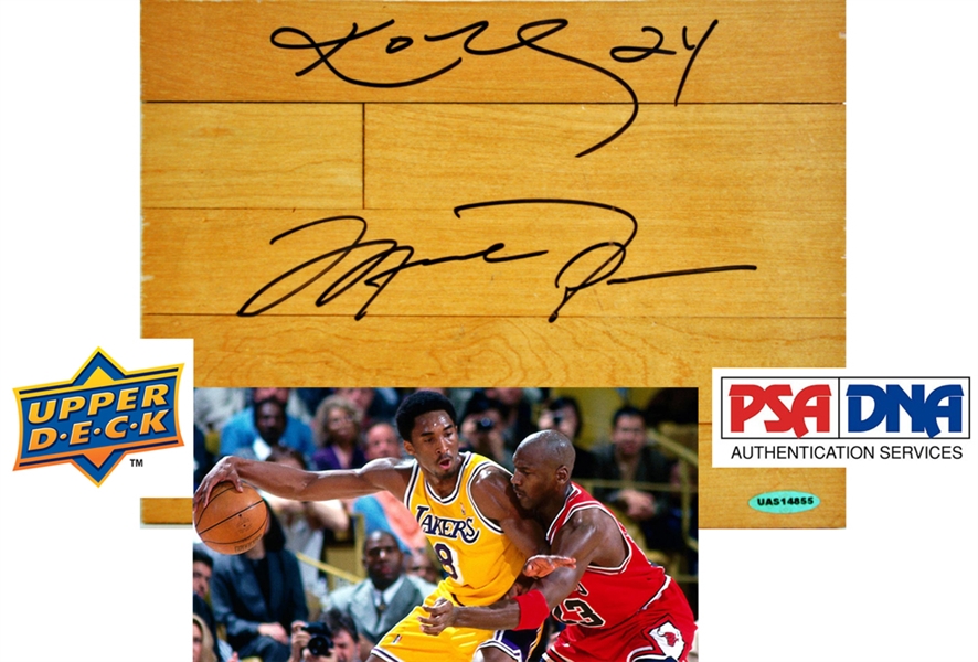 Michael Jordan & Kobe Bryant RARE Dual Signed Lakers Forum Floor Piece Segment (PSA/DNA & UDA)