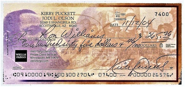 Kirby Puckett Hand Written & Signed 2004 Personal Bank Check (Beckett/BAS)
