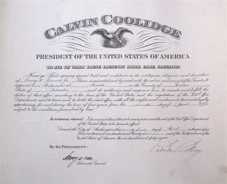 President Calvin Coolidge Near-Mint Signed 1924 Appointment Document (Beckett/BAS Guaranteed)