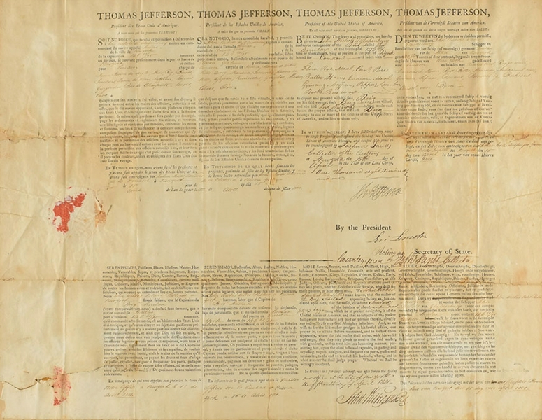 Thomas Jefferson & ULTRA-RARE Levi Lincoln Dual Signed 1801 Ships Pass Document (Beckett/BAS)