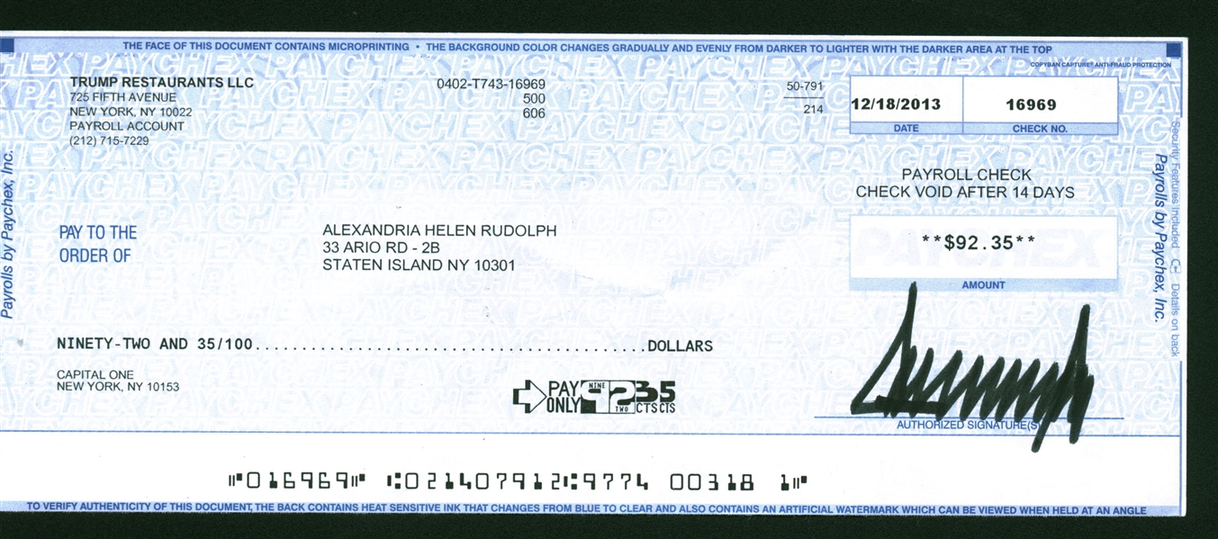 Lot Detail - President Donald Trump Rare Signed 2013 Bank Check ...