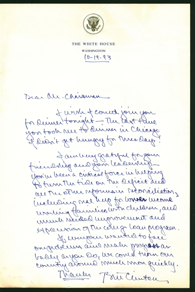 Bill Clinton Signed & Hand Written 1993 White House Letter (Beckett/BAS Guaranteed)