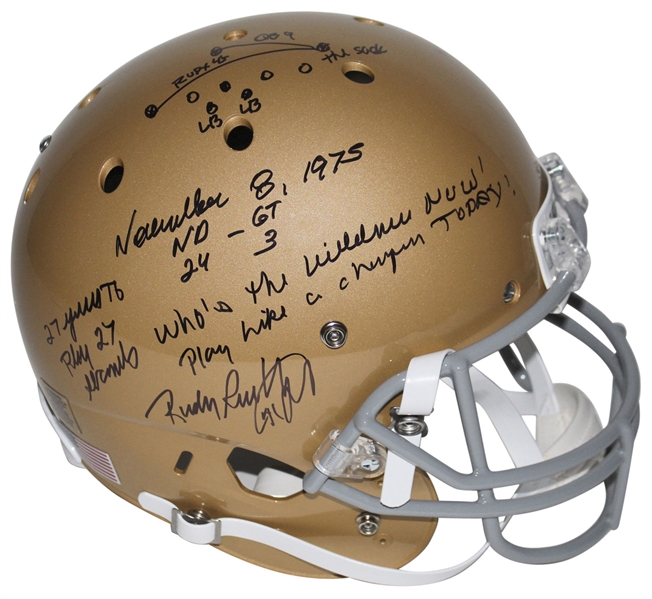Rudy Ruettiger Signed Notre Dame Full-Sized Replica Helmet w/ Hand Drawn Play (JSA)