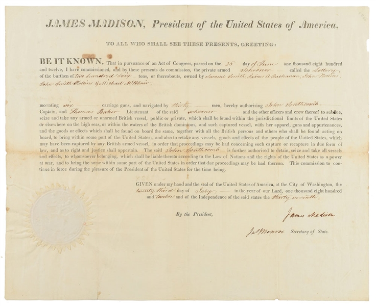 James Madison & James Monroe Dual Signed 1812 Document - One of the Finest to Surface! (Beckett/BAS)