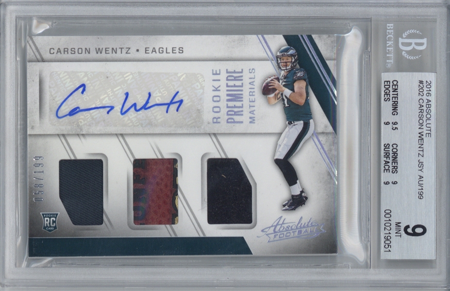 Carson Wentz Signed 2016 Absolute #202 Rookie Card BGS 9 w/ 10 Auto!