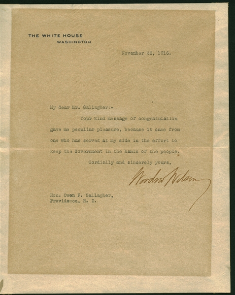 President Woodrow Wilson Signed 1916 Typed White House Letter (Beckett/BAS Guaranteed)