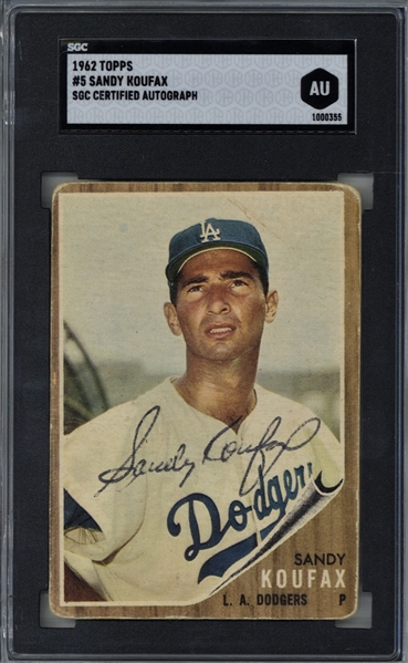 Sandy Koufax Vintage Signed 1962 Topps #5 Baseball Card (SGC Encapsulated)