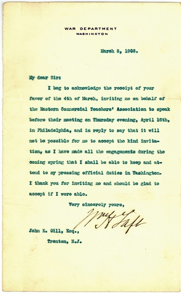 President William H. Taft Signed 1908 Typed Letter (Beckett/BAS)