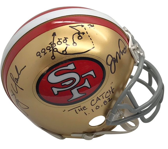 Joe Montana & Dwight Clark Signed Mini Helmet with Clark Hand Drawn "The Catch" Play (Beckett/BAS)