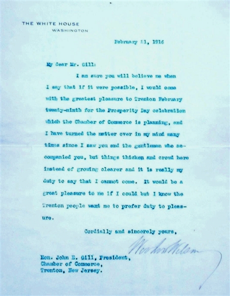 President Woodrow Wilson Signed 1916 White House Letter (Beckett/BAS Guaranteed)