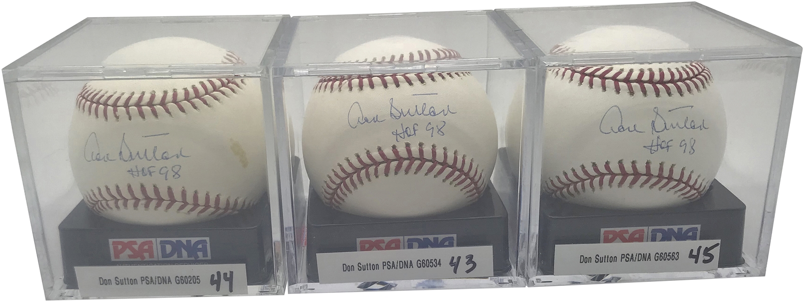 Don Sutton Lot of Three (3) Signed & Inscribed "HOF 98" OML Baseballs PSA/DNA GEM MINT 10!