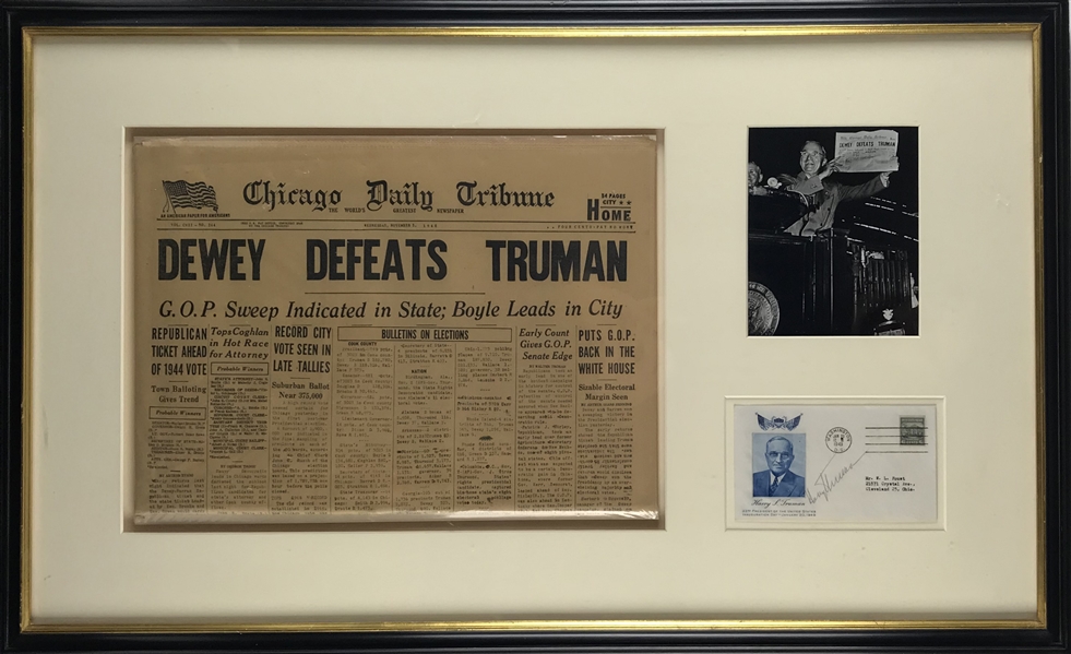 Dewey Defeats Truman: Rare Original Chicago Tribune Newspaper Display w/ Harry Truman Signed First Day Cover! (Beckett/BAS Guaranteed)