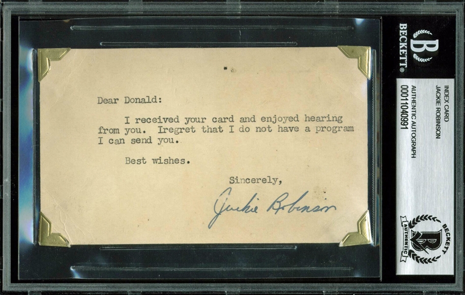 Rare Jackie Robinson Signed 3" x 5" Note Card w/ Typed Note! (Beckett/BAS Encapsulated)