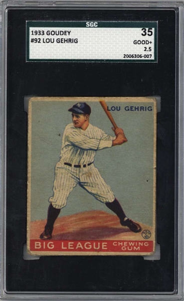 Lou Gehrig Original 1933 Goudey #92 Baseball Card - SGC Graded GOOD+ 2.5