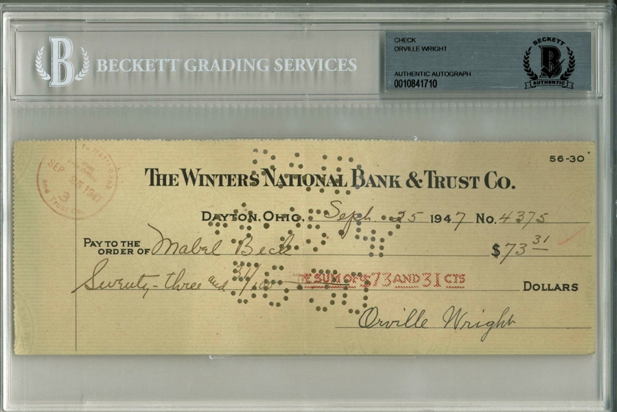 Orville Wright Signed 1947 Bank Check (PSA/DNA Encapsulated)