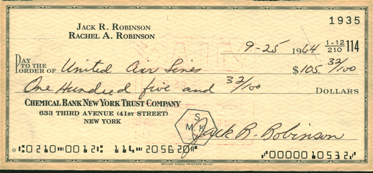 Jackie Robinson Signed 1965 Personal Bank Check (JSA)