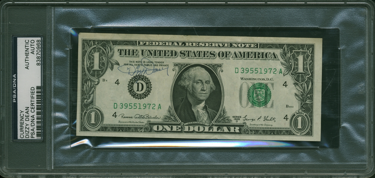 Dizzy Dean Signed US 1 Dollar Bill (PSA/DNA Encapsulated)