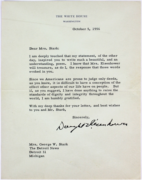 President Dwight D. Eisenhower Signed 1956 White House Letter (JSA)