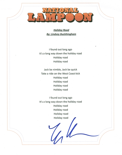 Lindsey Buckingham Signed "Holiday Road" Song Lyrics Page (Beckett/BAS Guaranteed)
