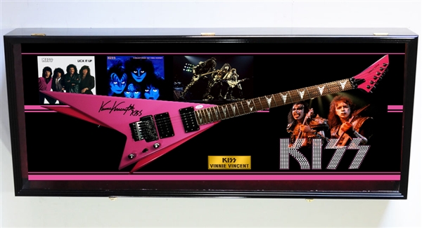 KISS: Vinnie Vincent Signed Double Flying V Guitar in Custom Shadow Box Display (ACOA)