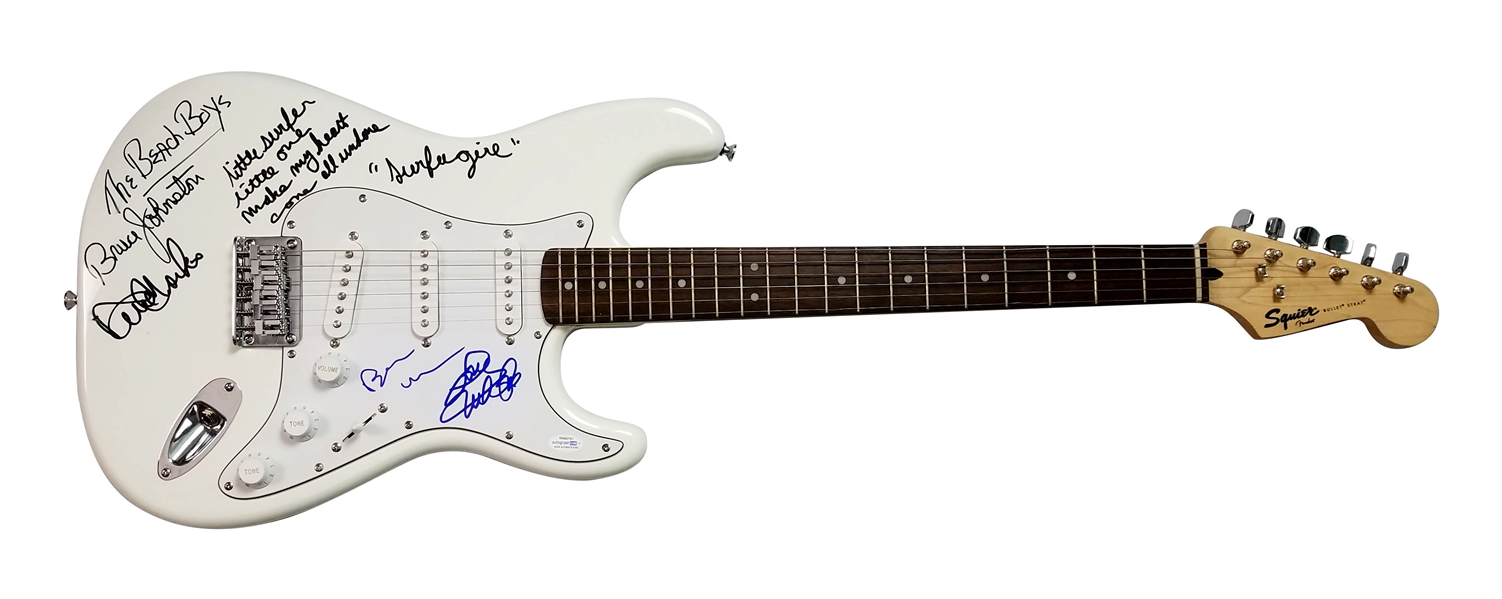 The Beach Boys Stellar Group Signed Fender Squier Stratocaster Guitar with "Surfer Girl" Handwritten Lyrics (ACOA)